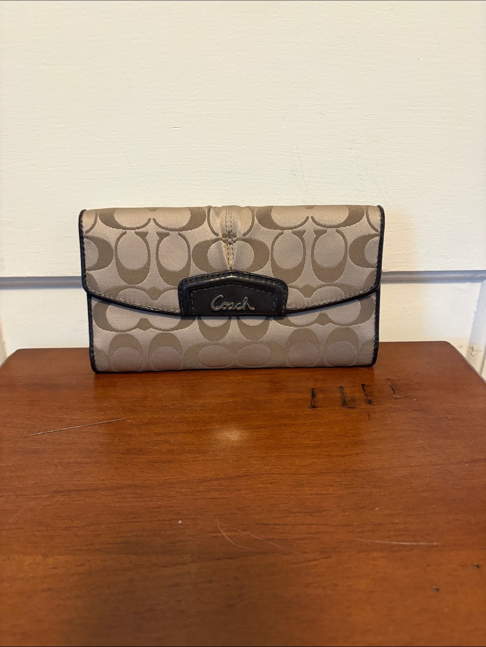 Coach Beige Signature Continental Wallet with Dark Trim